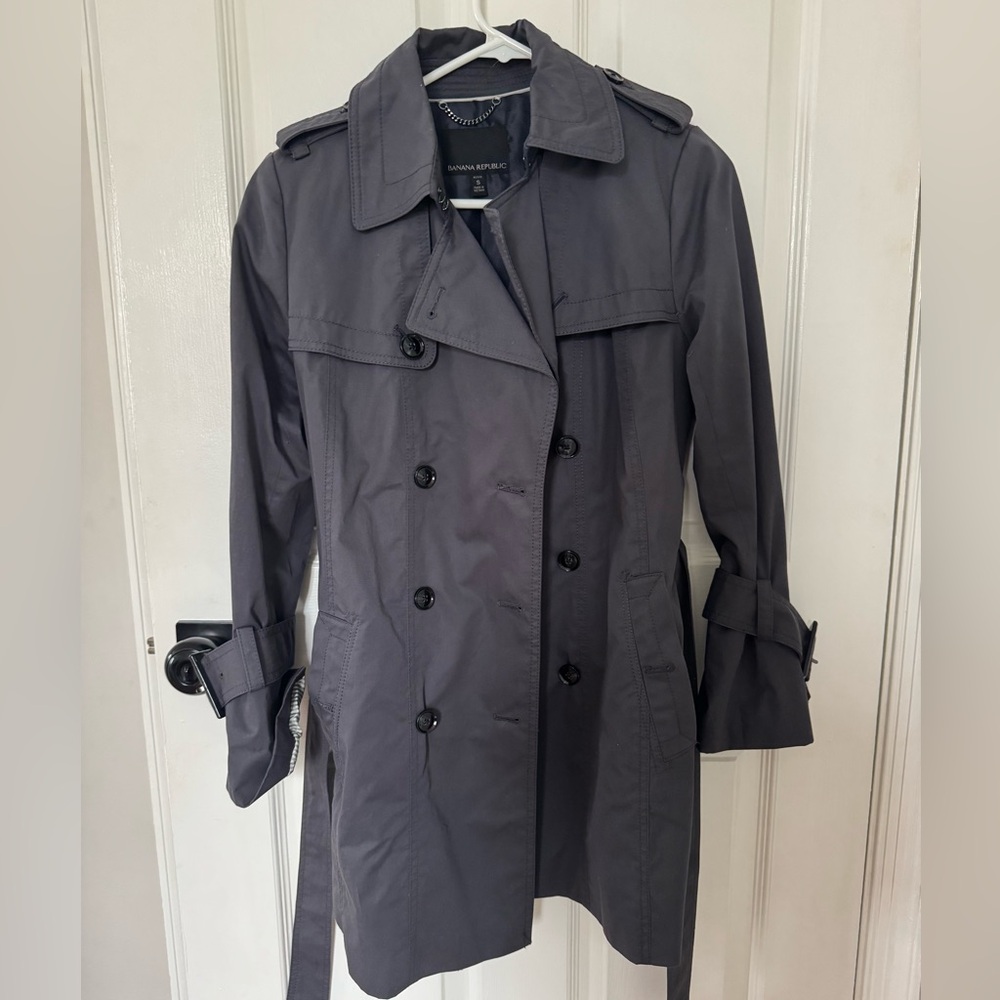 EUC Banana Republic Slate Blue Trench Coat Petite Small - Picture 4 of 6